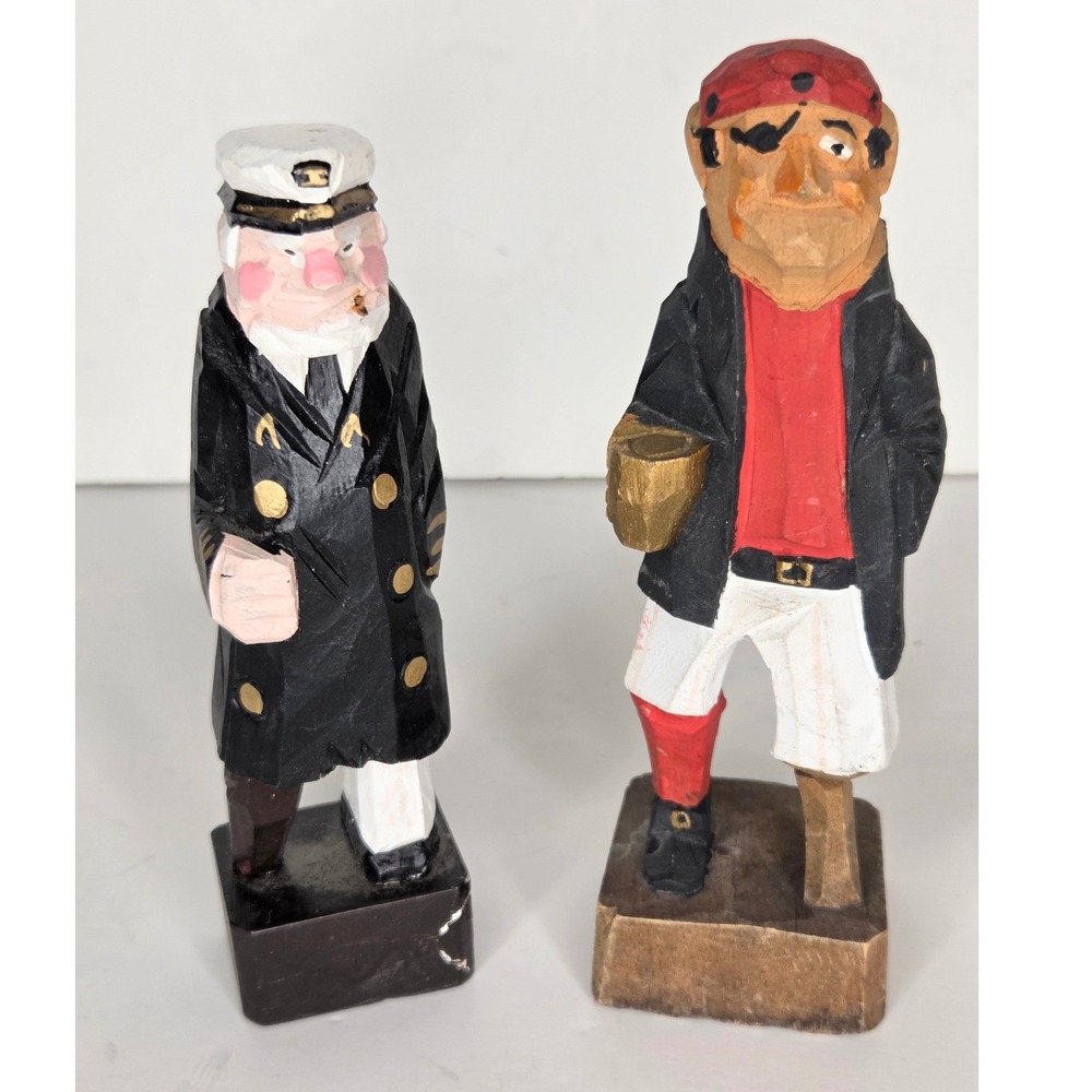 Vintage Hand Carved Wood Sea Captain and Pirate Nautical Folk Art Figurines Set
